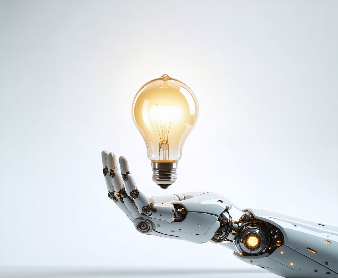 Футуристическая роботизированная рука, бережно держащая светящуюся лампочку на чистом белом фоне