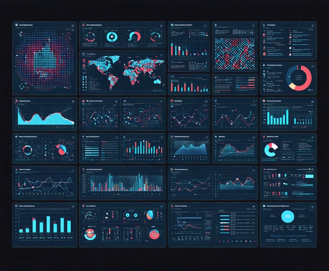 Комплексные графики визуализации данных на огромном темном экране с яркими узлами и сложными связями