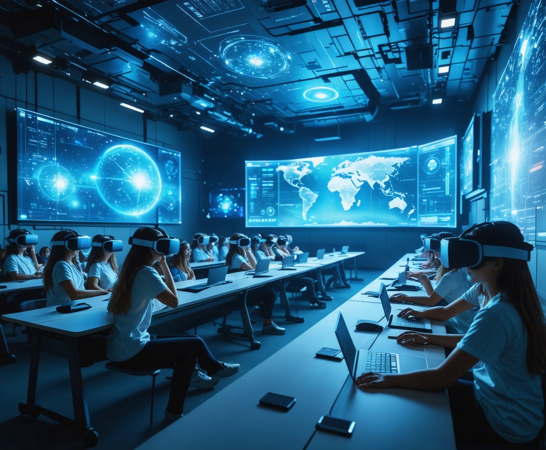Панорамный снимок футуристической аудитории, где студенты используют VR-шлемы и взаимодействуют с голограммами в процессе обучения