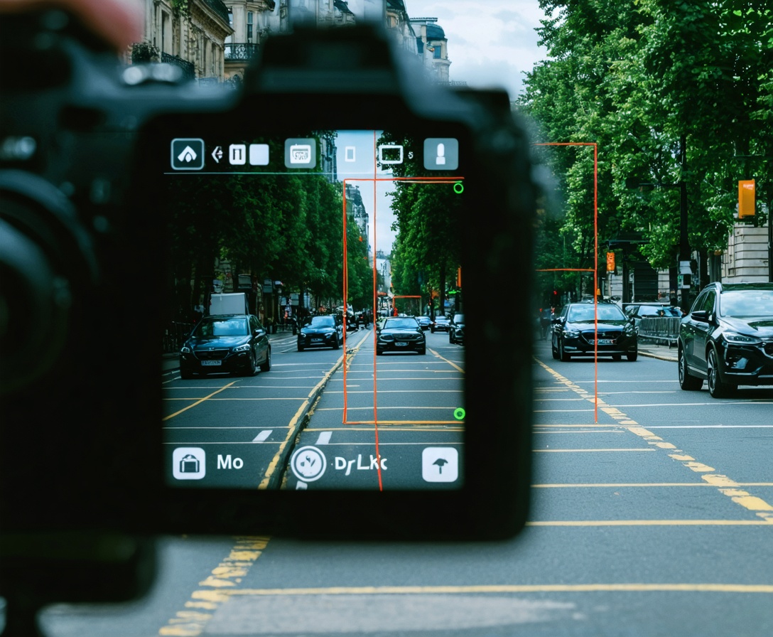 Визуализация компьютерного зрения: городская сцена через объектив камеры с выделенными объектами