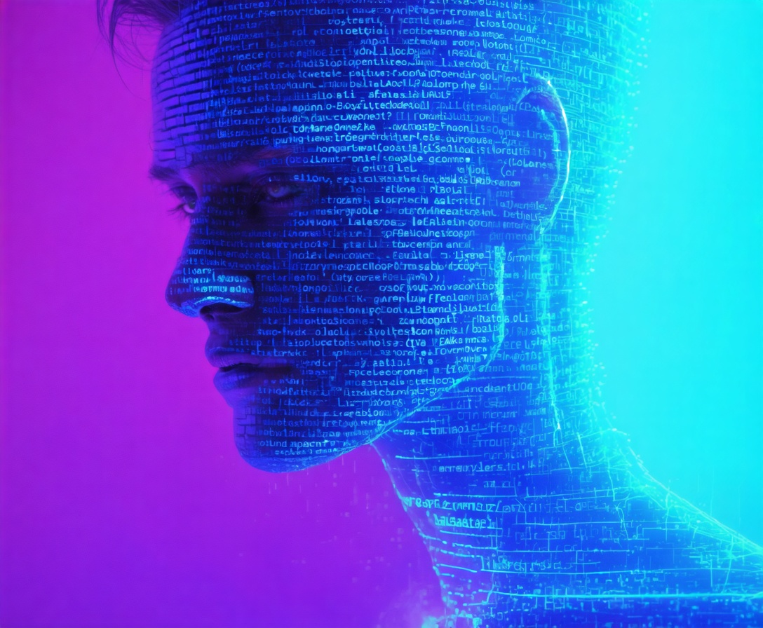 Визуализация обработки естественного языка: цифровой текст, трансформирующийся в человеческое лицо