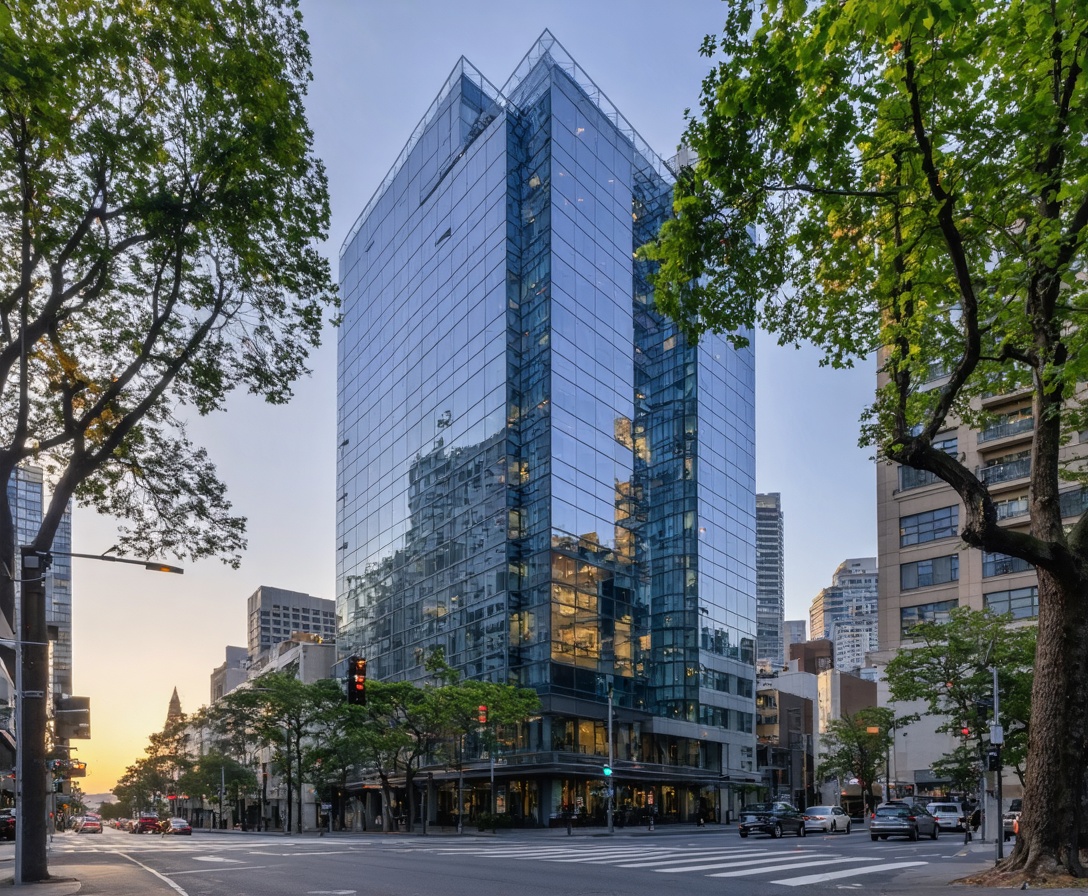 Современное здание штаб-квартиры AI Engine Academy в деловом центре Сан-Франциско во время заката